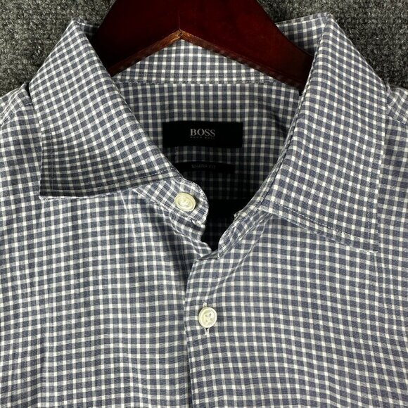 Hugo Boss Shirt Mens 17 Blue Check Cotton Button Up Long Sleeve Sharp Fit - Picture 2 of 7